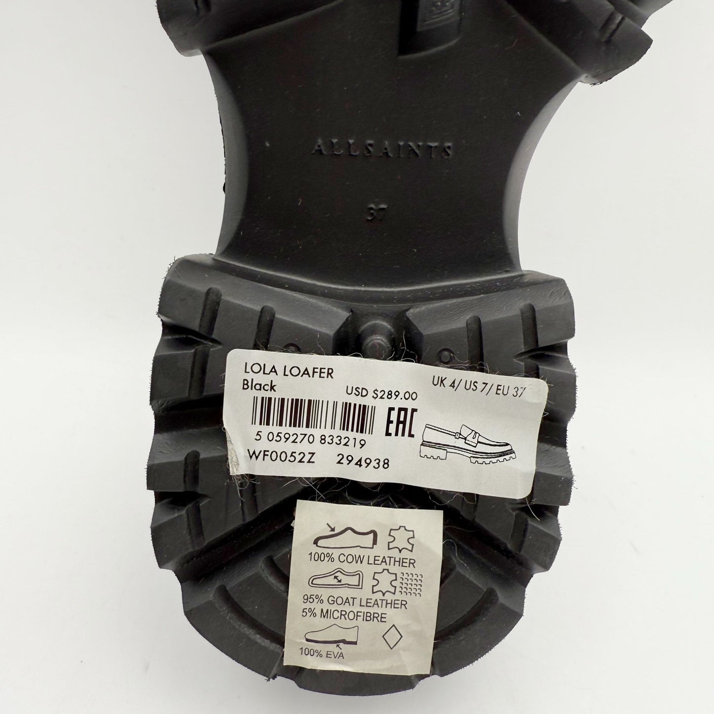 Allsaints Womens Lola Loafers US 7 EU 37 Black Leather Chunky Lug Sole NWOB