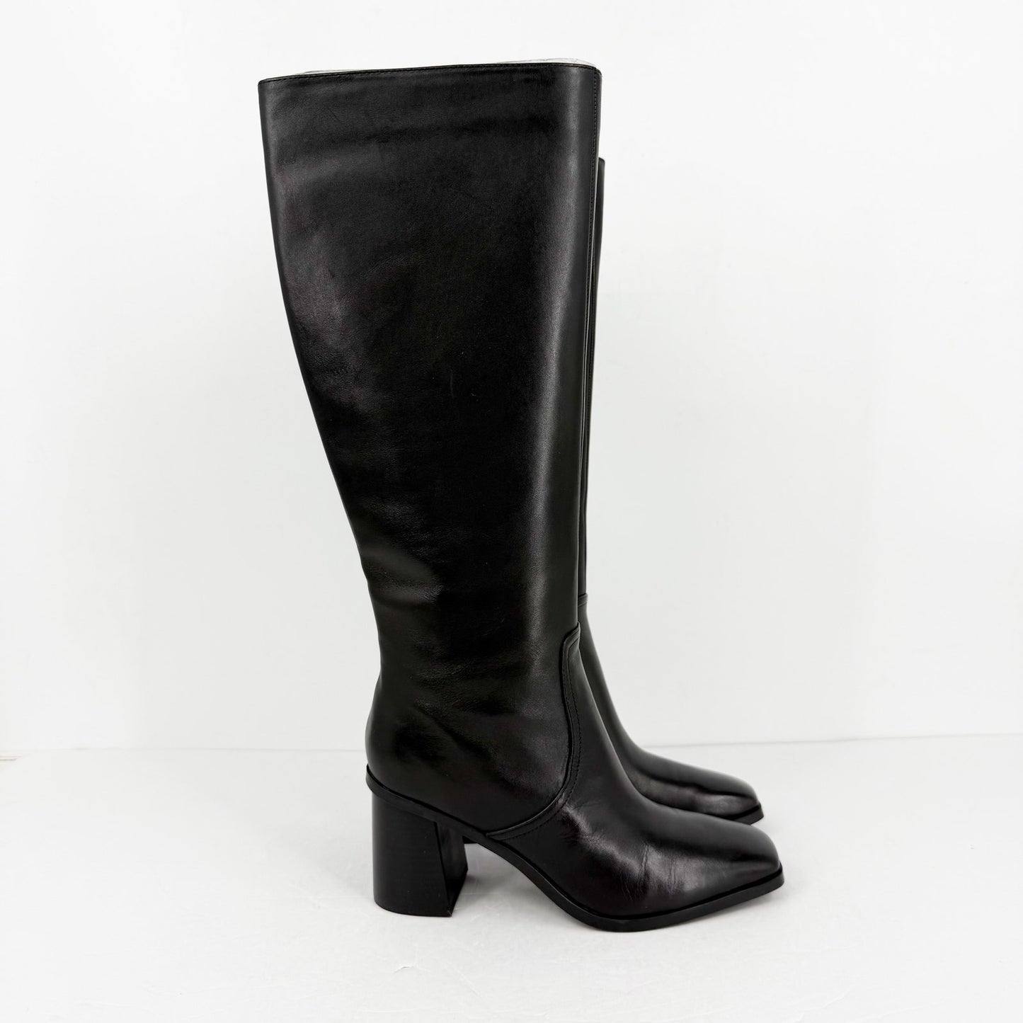 Nine West Womens Dortha Boots Size 7M Black Leather Knee High Flared Heel NIB