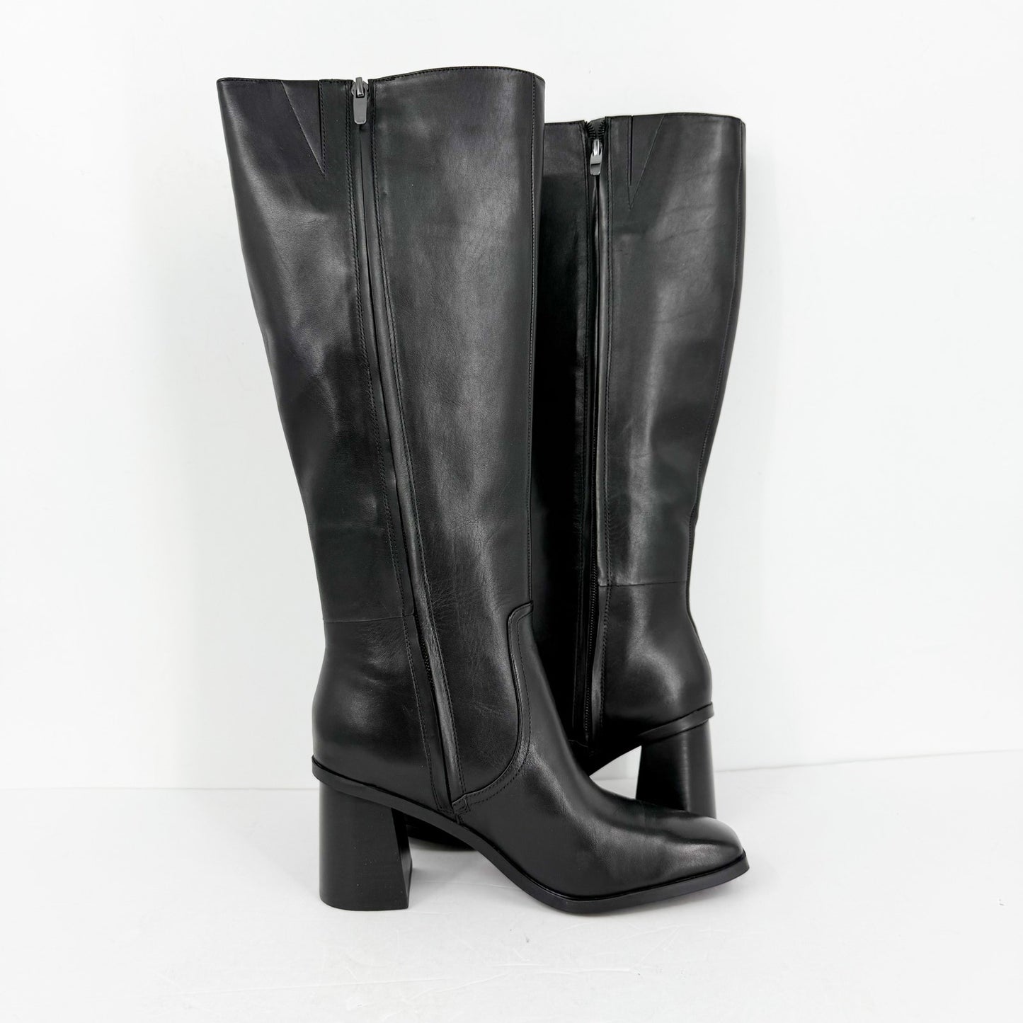 Nine West Womens Dortha Boots Size 7M Black Leather Knee High Flared Heel NIB