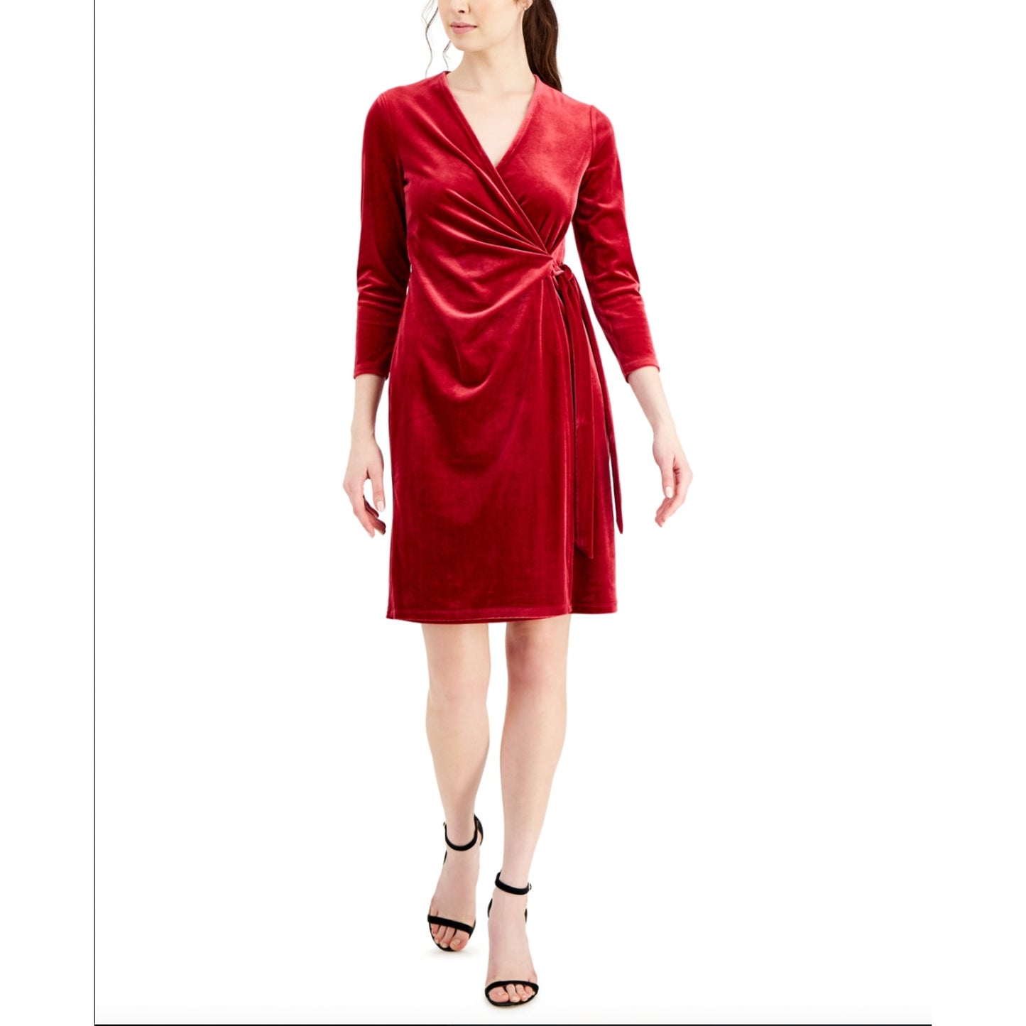 ANNE KLEIN Velvet Wrap Dress Titian Red V Neck SMALL