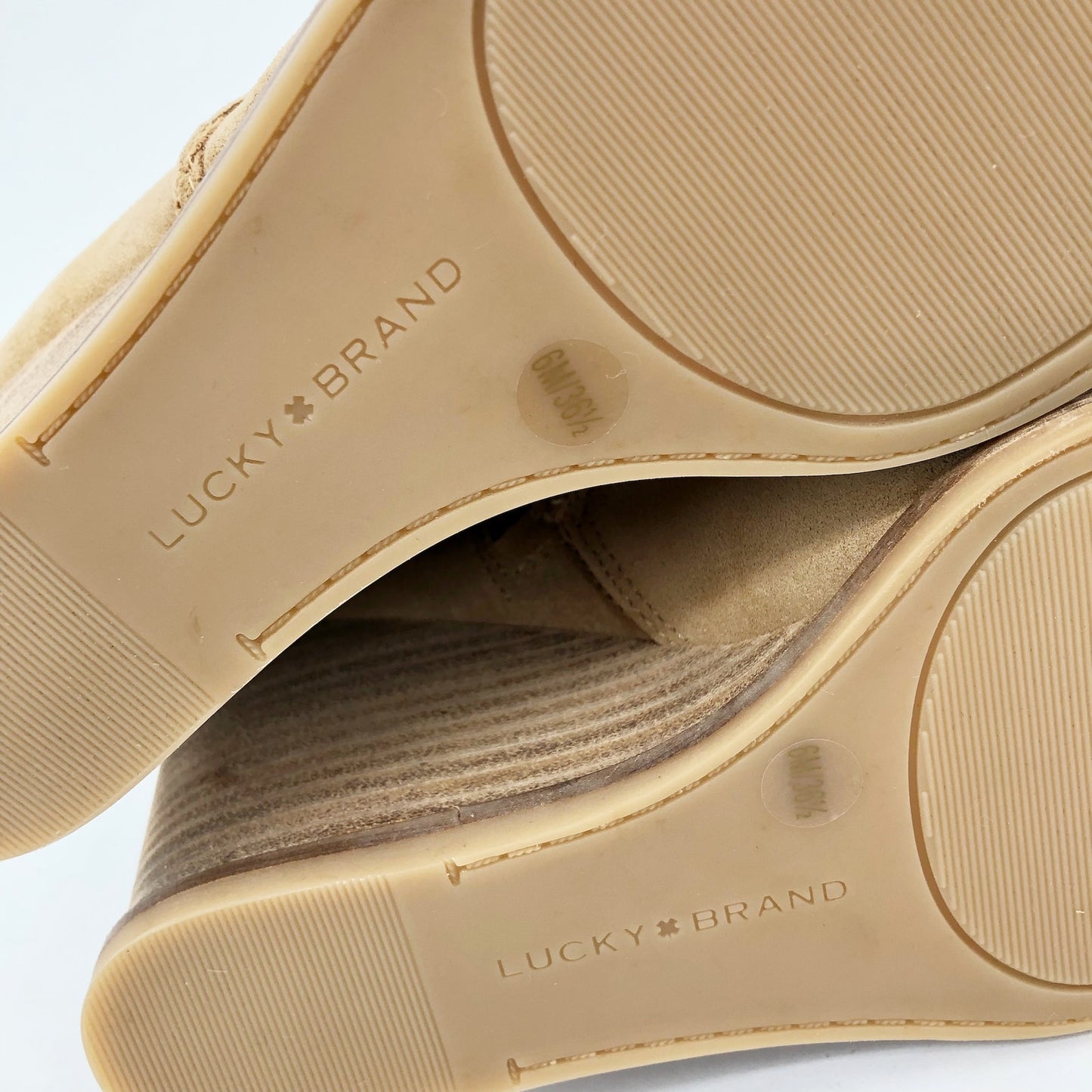 LUCKY BRAND Women's Suede Lureli Wedge Booties Size 6 Tan Peep Toe NWOB