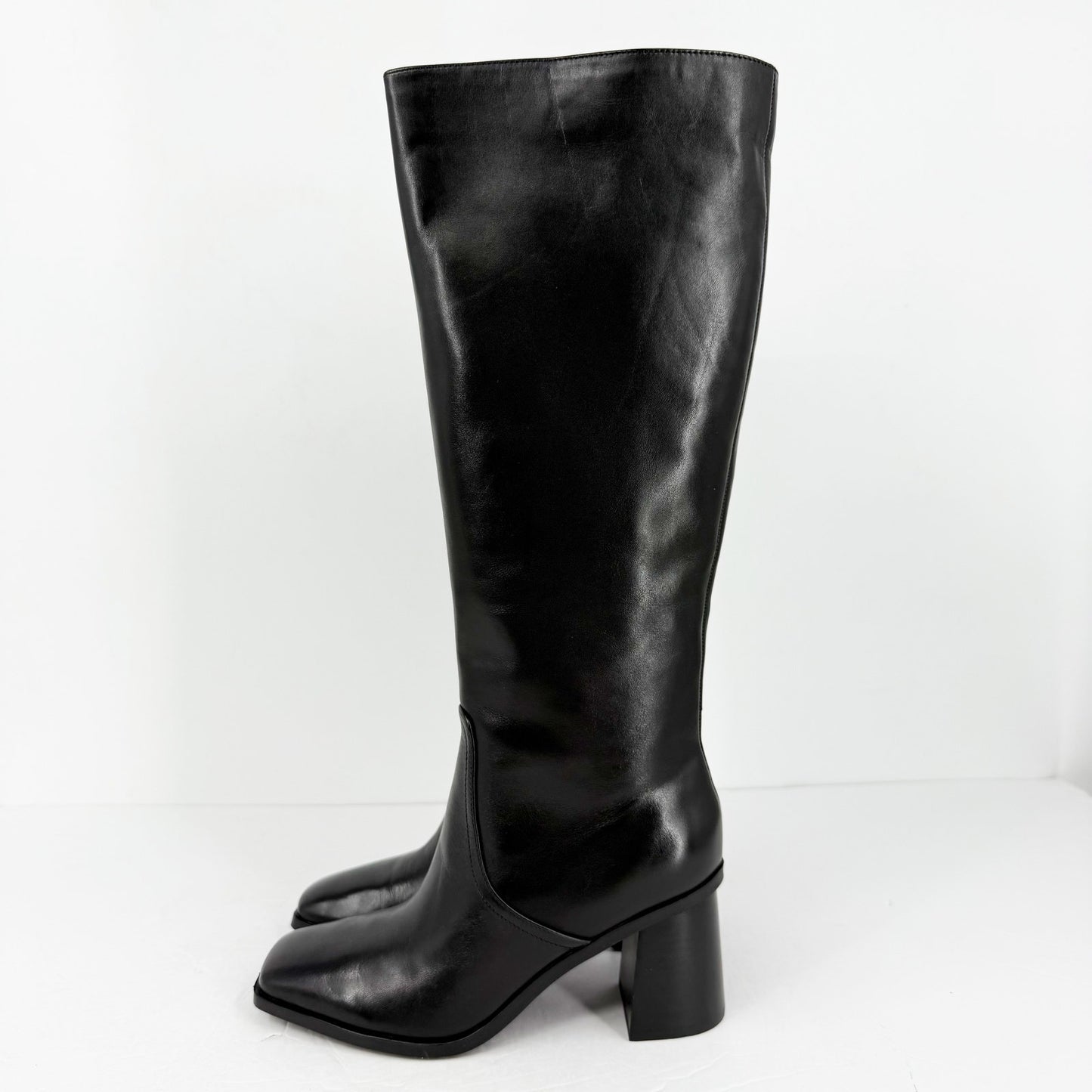 Nine West Womens Dortha Boots Size 7M Black Leather Knee High Flared Heel NIB