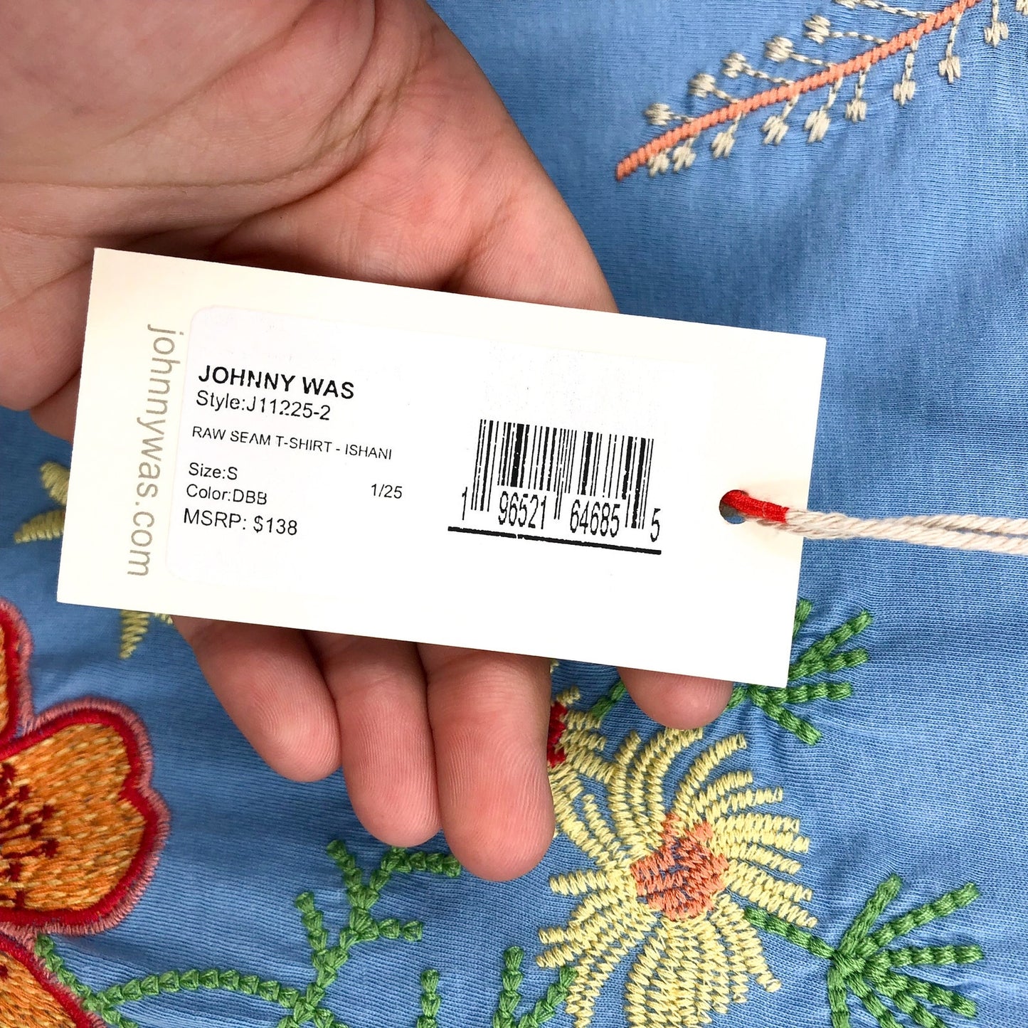 JOHNNY WAS Womens Raw Seam T-Shirt Small Blue Ishani Embroidered Floral NWT