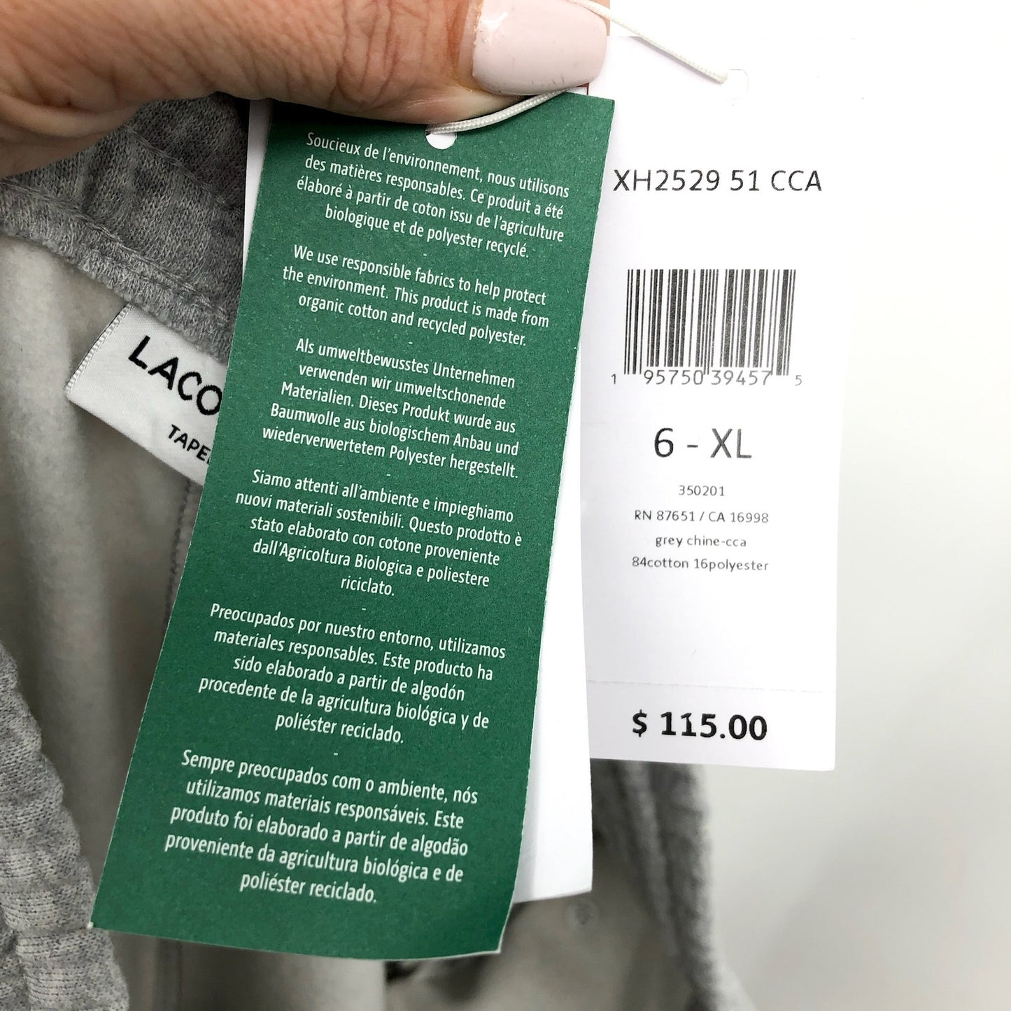 LACOSTE Men's Core Fleece Tapered Fit Joggers Size 6 XL Grey Elastic Waist NWT