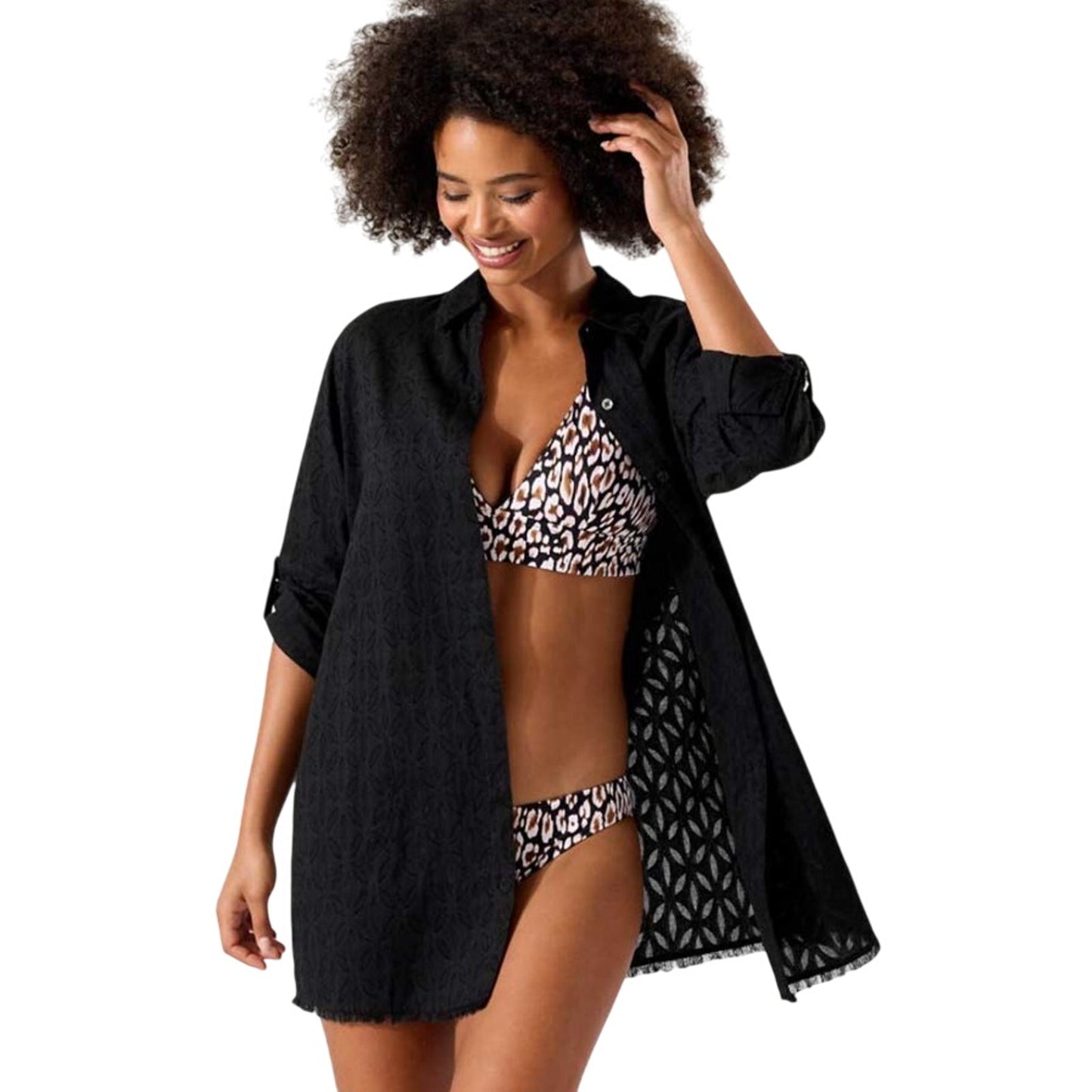 TOMMY BAHAMA Boyfriend Shirt Swim Cover Up Medium Black Cotton Clip Jacquard NWT