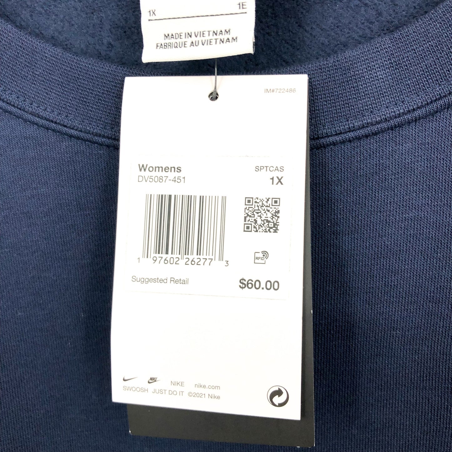 NIKE Womens Club Crewneck Sweatshirt 1X Navy Blue Fleece Long Sleeve NWT