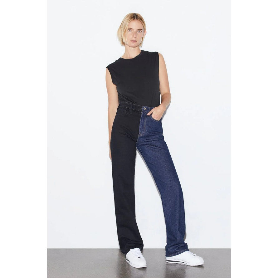 FRAME Womens Le Jane Colorblock Relaxed Jeans Size 23 Blue Black Dell Noir NWT