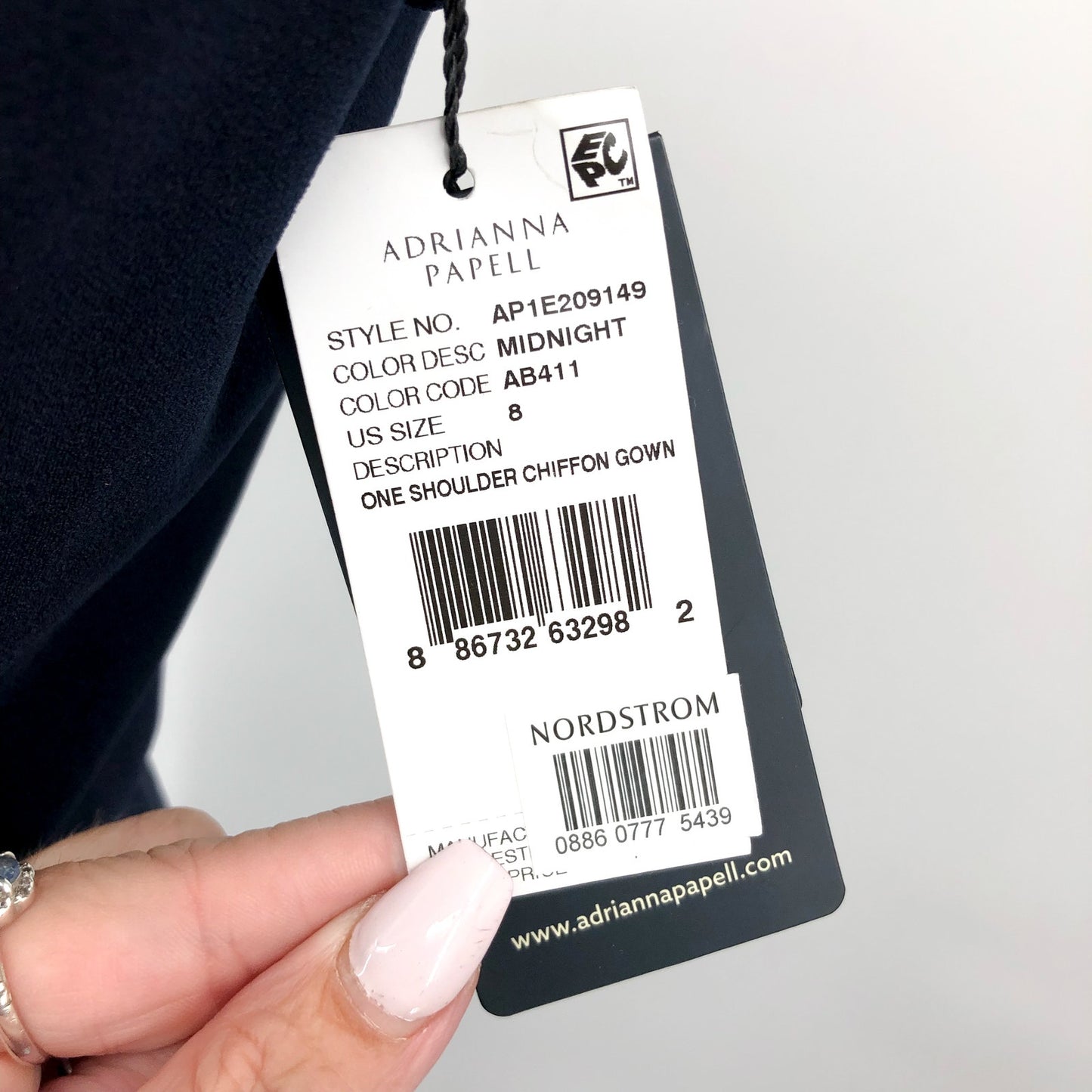 ADRIANNA PAPELL One-Shoulder Chiffon Long Gown Size 8 Midnight Blue Formal NWT