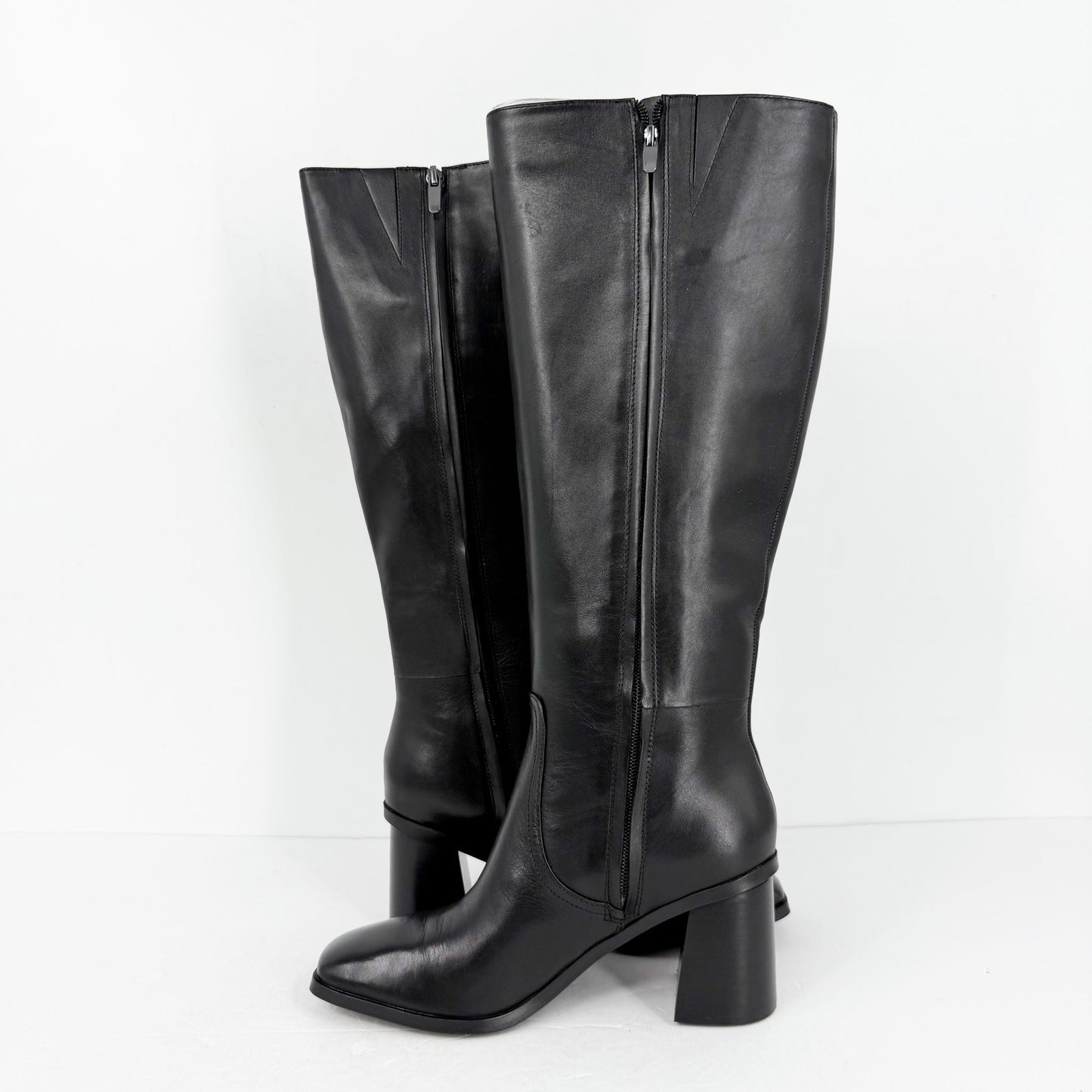 Nine West Womens Dortha Boots Size 7M Black Leather Knee High Flared Heel NIB