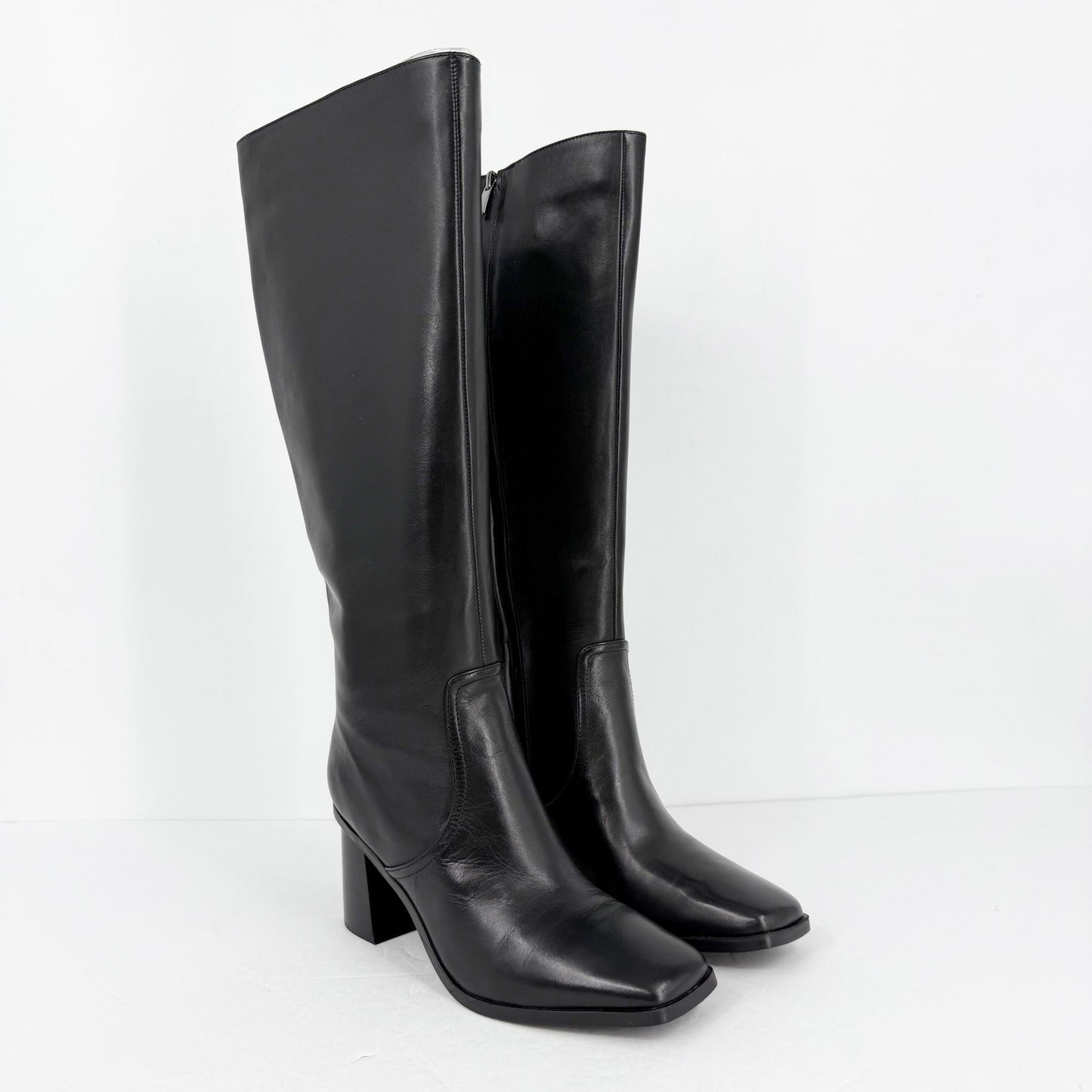 Nine West Womens Dortha Boots Size 7M Black Leather Knee High Flared Heel NIB