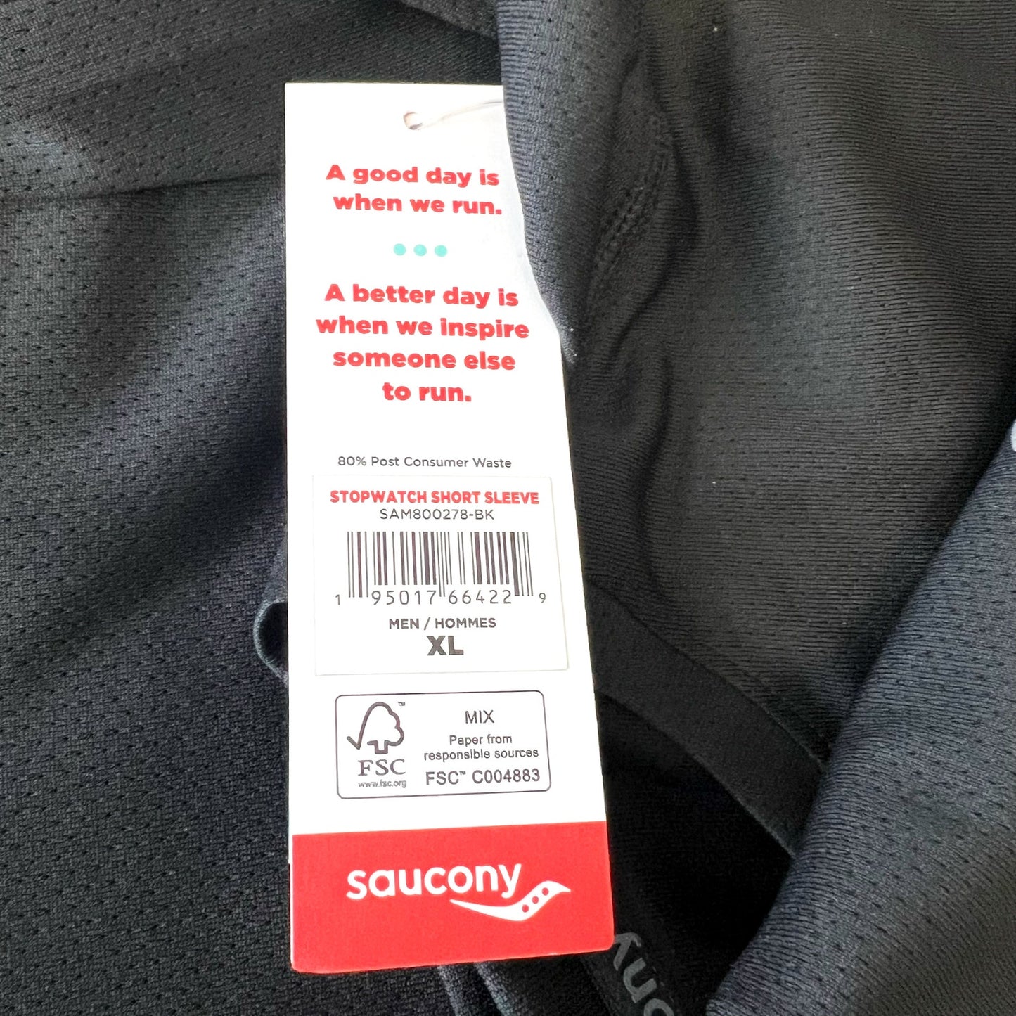 SAUCONY Men's Stopwatch Short Sleeve Running T-Shirt XL Black NWT