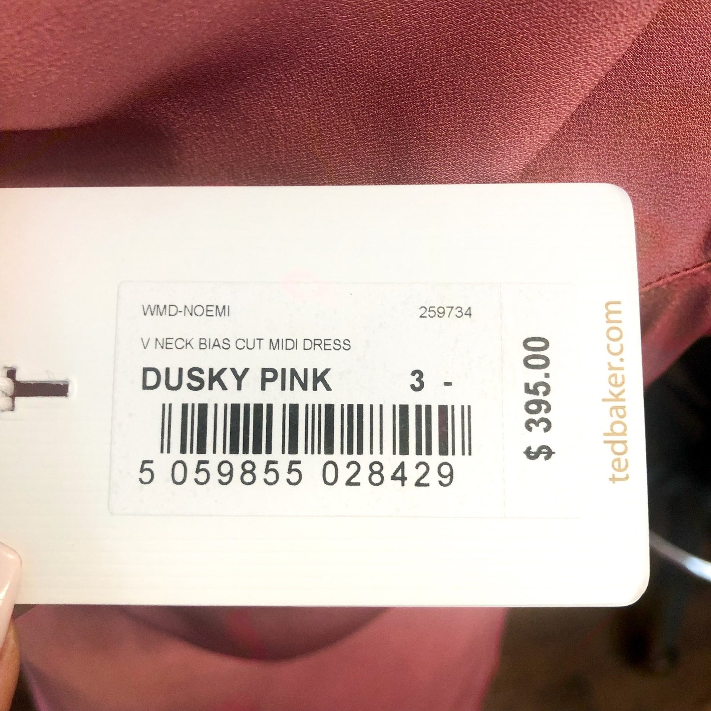 TED BAKER Women's Noemi Midi Dress Size 3 US 8 Dusky Pink V-Neck Bias Cut NWT