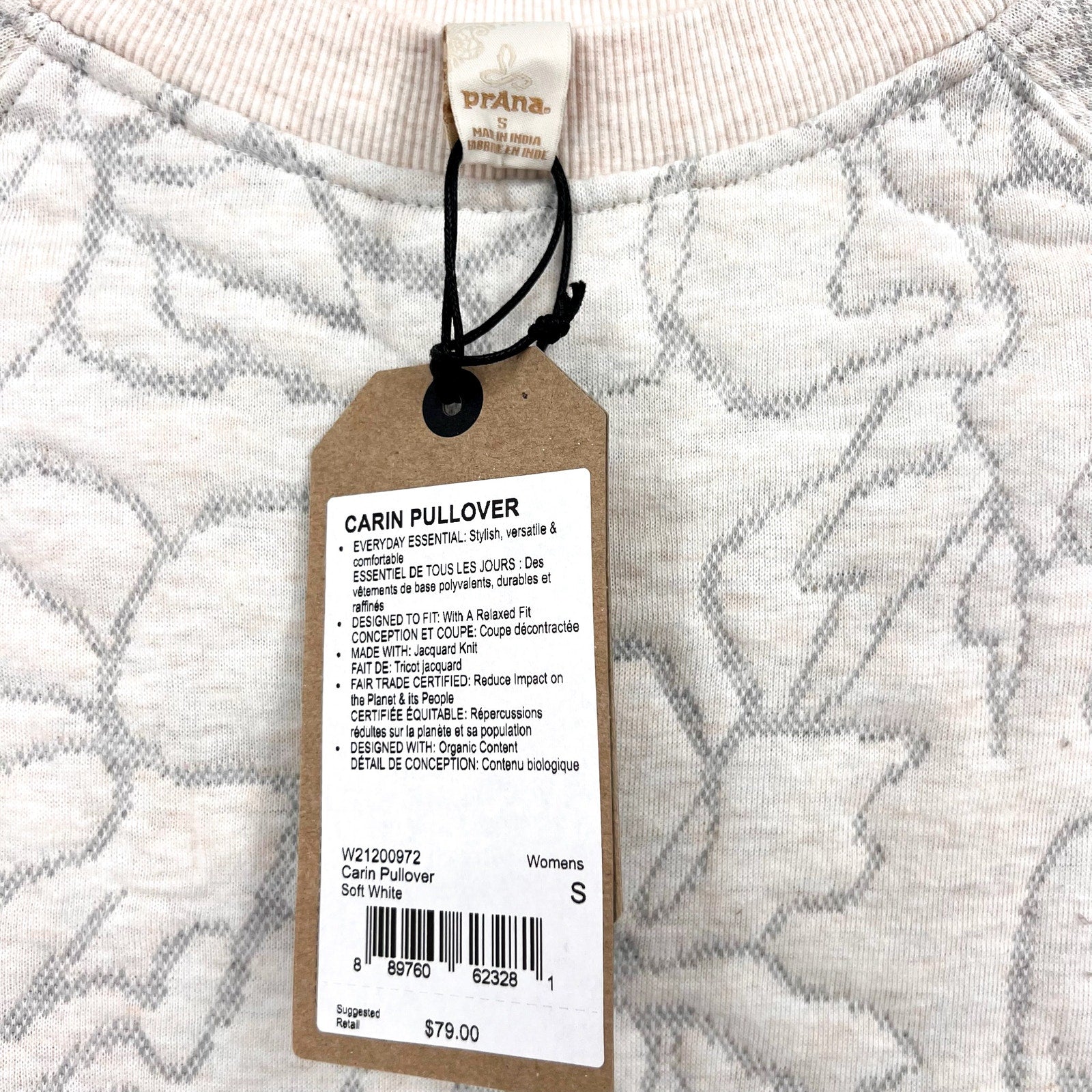 PRANA Women's Carin Pullover Sweatshirt Small Soft White Jacquard Knit NWT