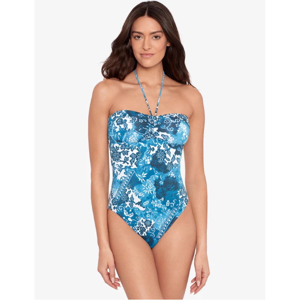 LAUREN RALPH LAUREN Halter Bandeau One Piece Swimsuit 10 Blue Patchwork NWT
