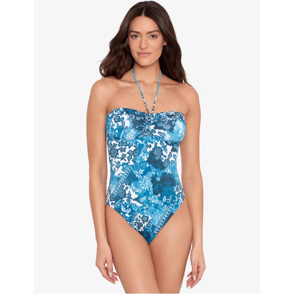 LAUREN RALPH LAUREN Halter Bandeau One Piece Swimsuit 10 Blue Patchwork NWT