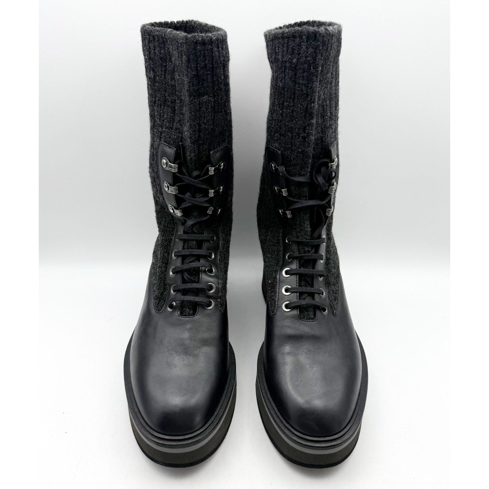 Robert Clergerie Womens Ancel Boots Size 10 EU 40 Black Calfskin Knit Combat NIB