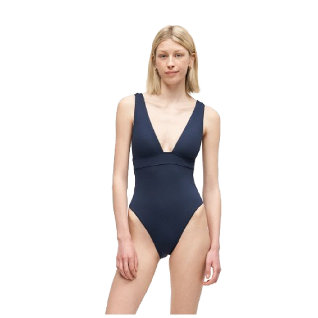 LAUREN RALPH LAUREN V-Neck One-Piece Swimsuit Size 14 Navy Blue Modern NWT