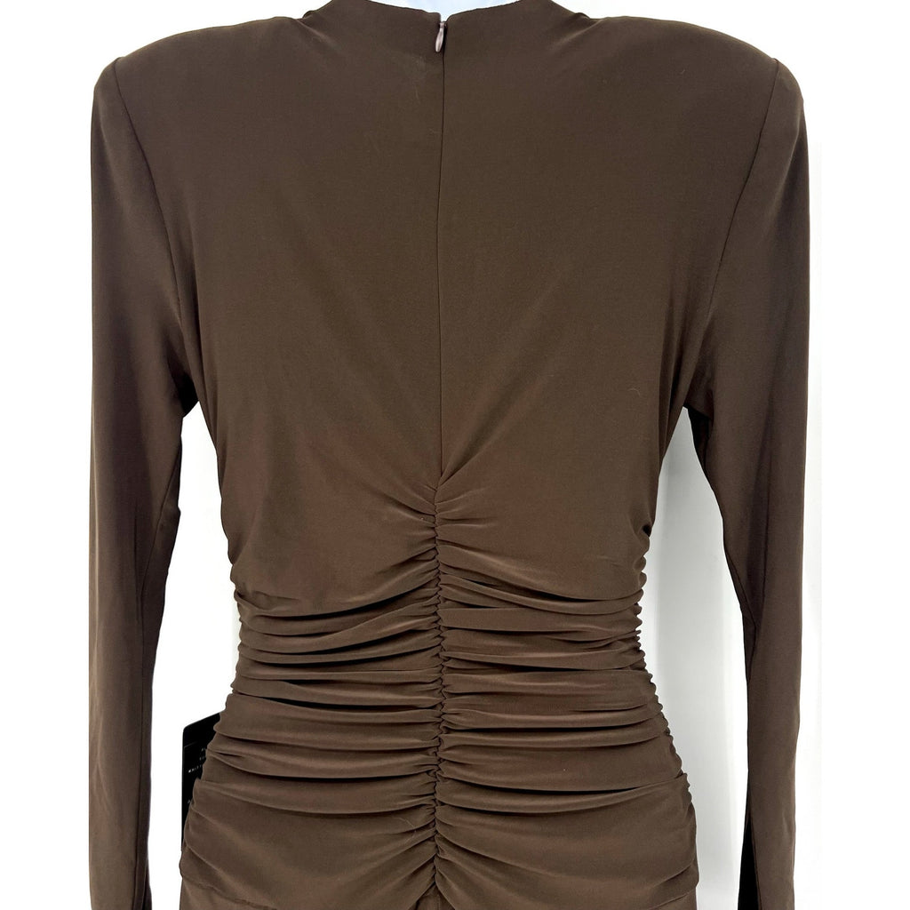 Norma Kamali V-Neck Shirred Waist Jumpsuit XS/34 Chocolate Brown Long Sleeve NWT