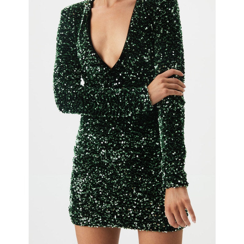 BARDOT Women's Lilia Sequin Mini Dress XS US 2 Vivid Green Long Sleeve NWT