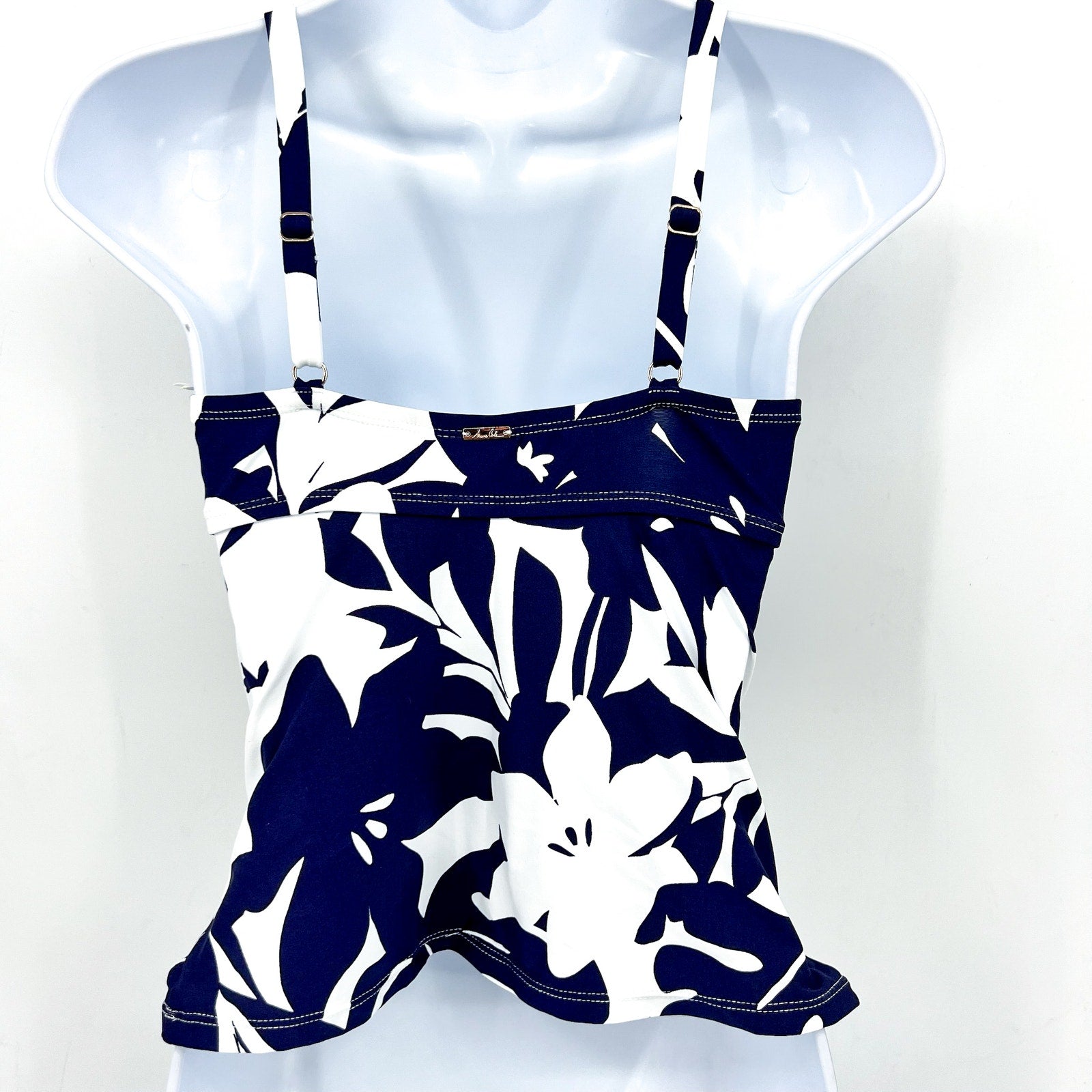 ANNE COLE Womens Tankini Swim Top 32DD - 34D Blue White Coastal Palms V-Wire NWT