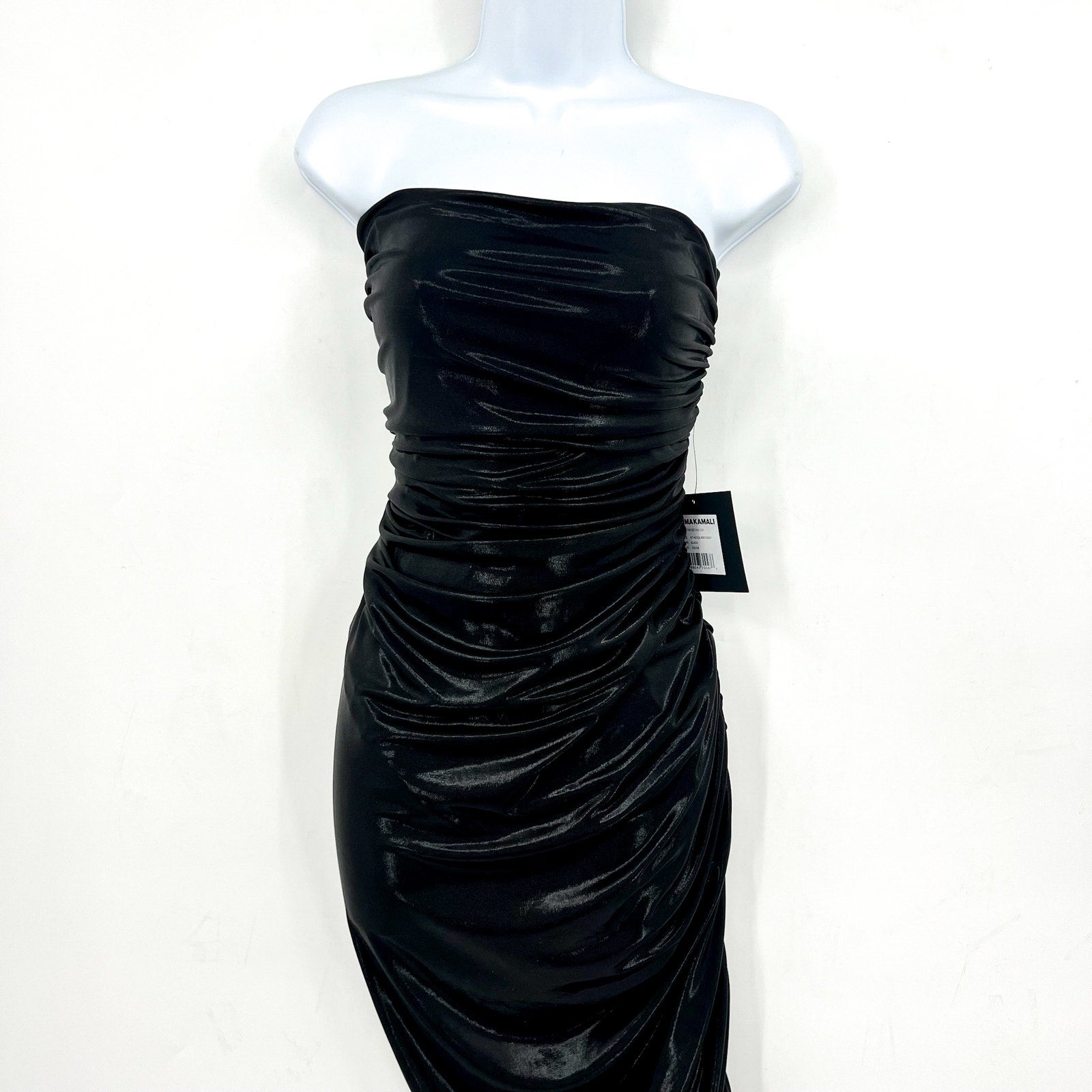 NORMA KAMALI Diana Strapless Midi Dress XS 34 Black Metallic Ruched Stretch NWT