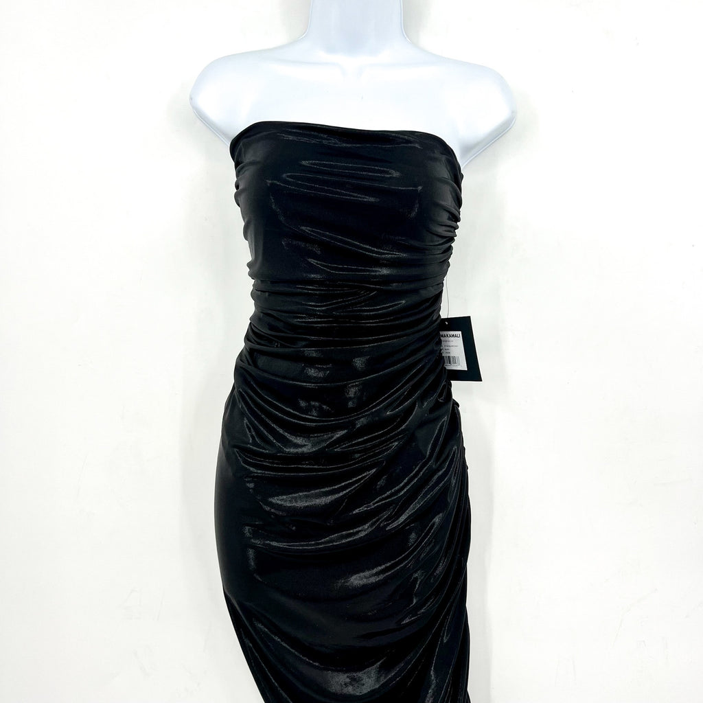 NORMA KAMALI Diana Strapless Midi Dress XS 34 Black Metallic Ruched Stretch NWT
