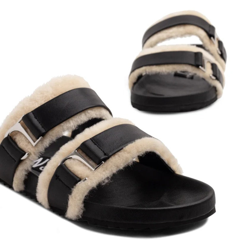 Senso Womens Dalley Slide Sandals EU 41 US 11 M Black Leather Shearling NWOB