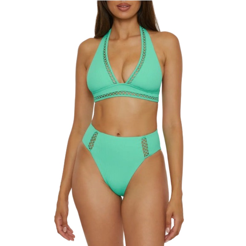 BECCA High Waist Bikini Bottoms Medium Green Aqua Sea Modern Edge Cut Out NWT