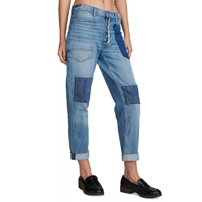 LUCKY BRAND Women's Patched Boy Jeans Size 6 28A Blue Button-Fly Mid-Rise NWT