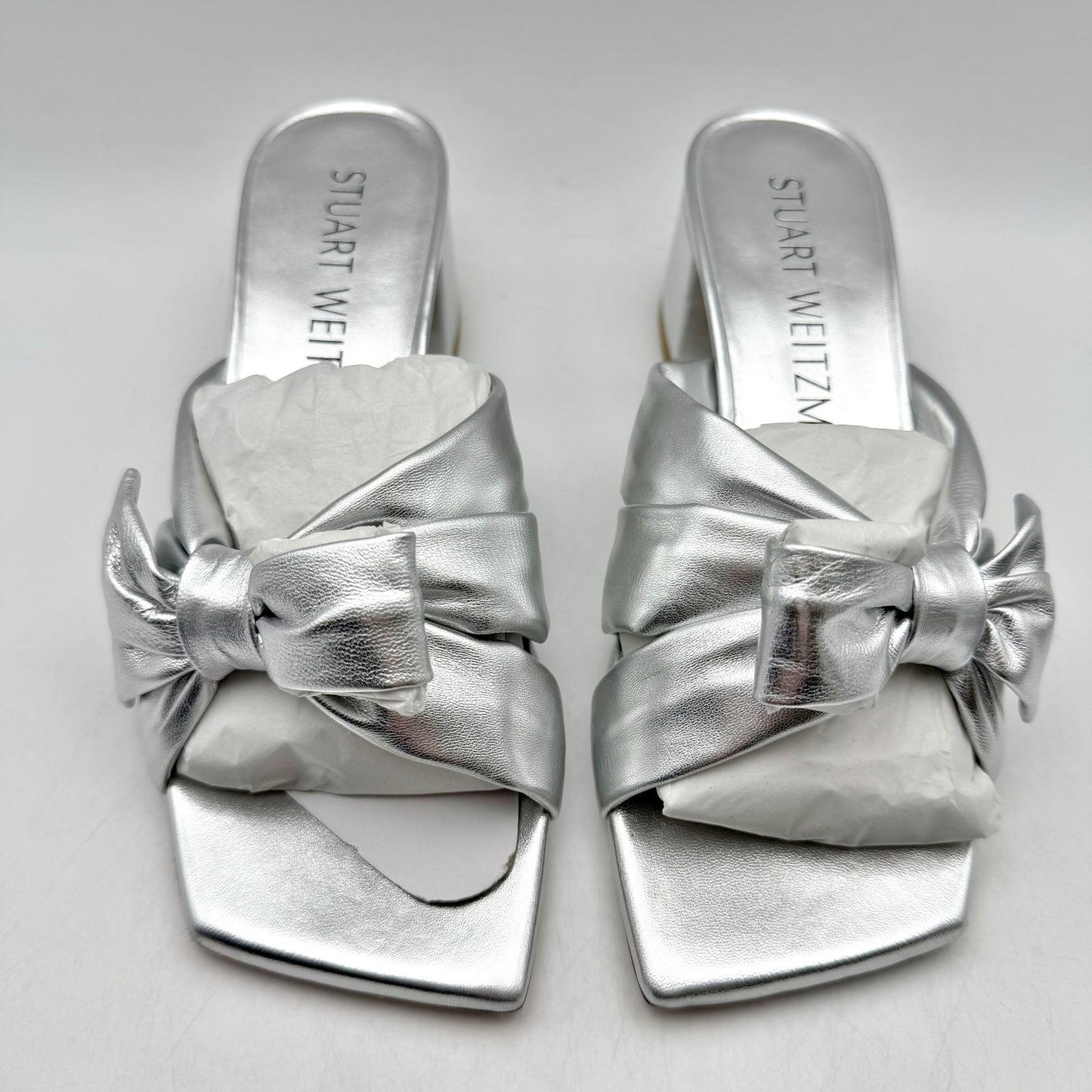 Stuart Weitzman Womens Sofia 45 Slide High Heels Size 6 Silver Leather Bow NIB