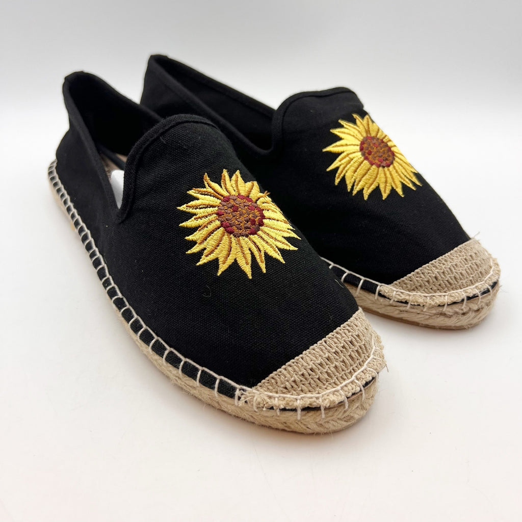 Coldwater Creek Womens Espadrille Flats 8.5 Wide Black Canvas Sunflower NIB