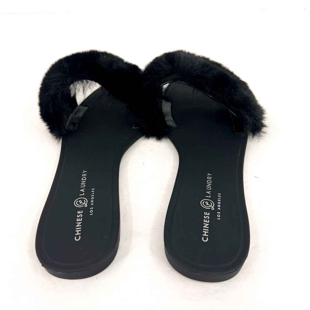 CHINESE LAUNDRY Womens Midnight Flat Slide Sandals Size 8 Black Faux Fur NWOB
