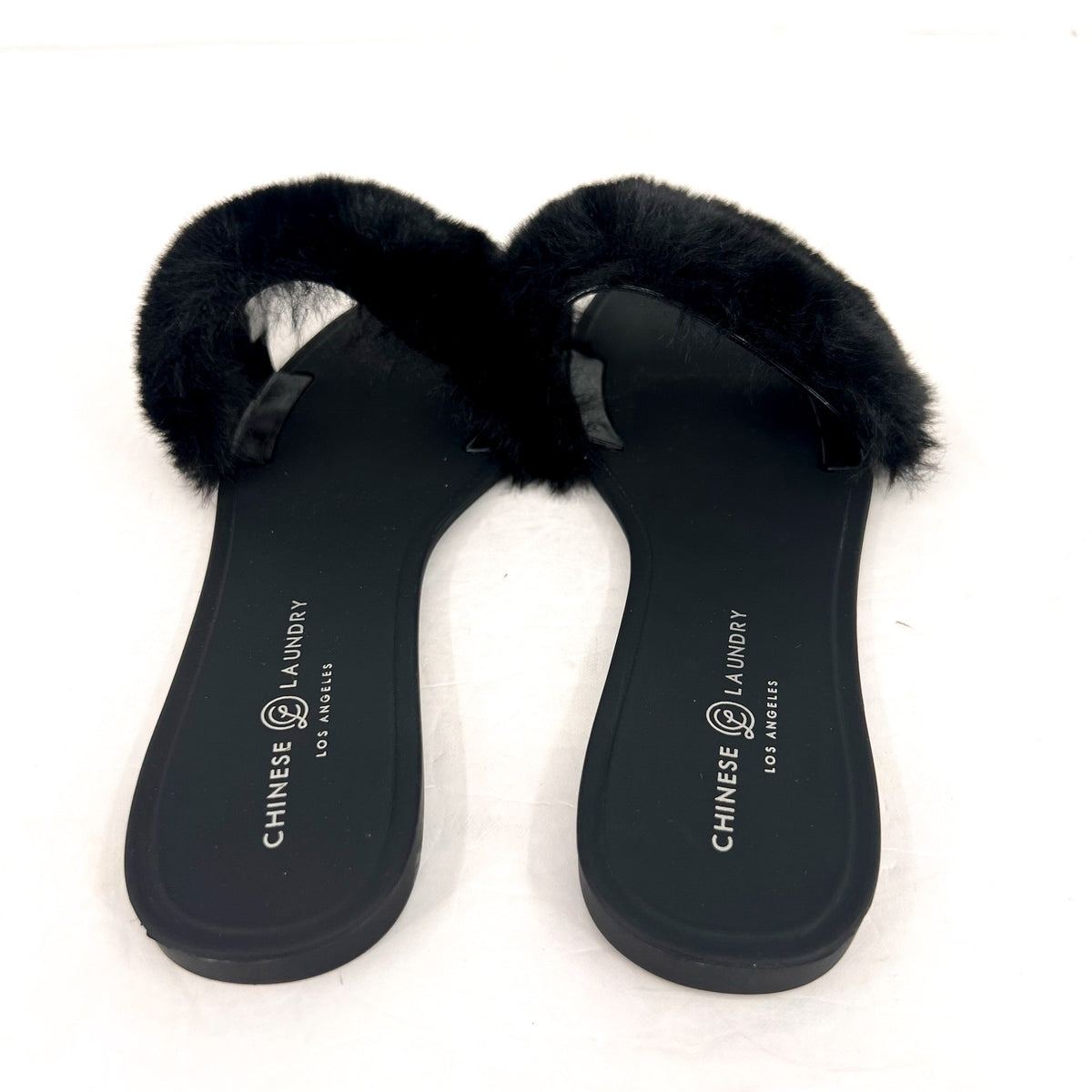 CHINESE LAUNDRY Womens Midnight Flat Slide Sandals Size 8 Black Faux Fur NWOB