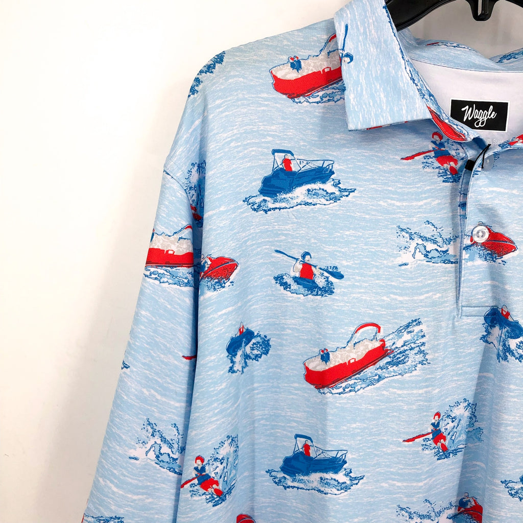 WAGGLE Mens Lake Life Golf Polo Shirt 2XL XXL Blue Print Short Sleeve NWT