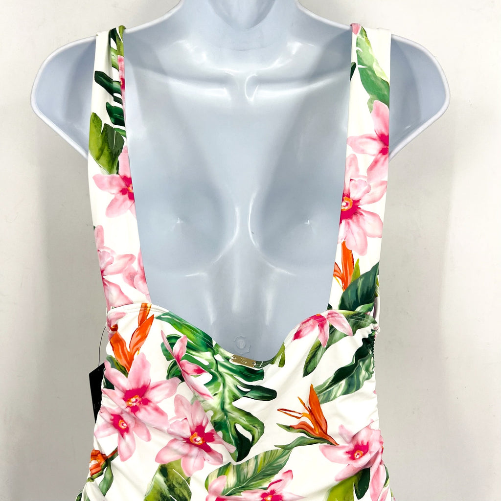LAUREN RALPH LAUREN Plunge One Piece Swimsuit 16 White Watercolor Floral NWT