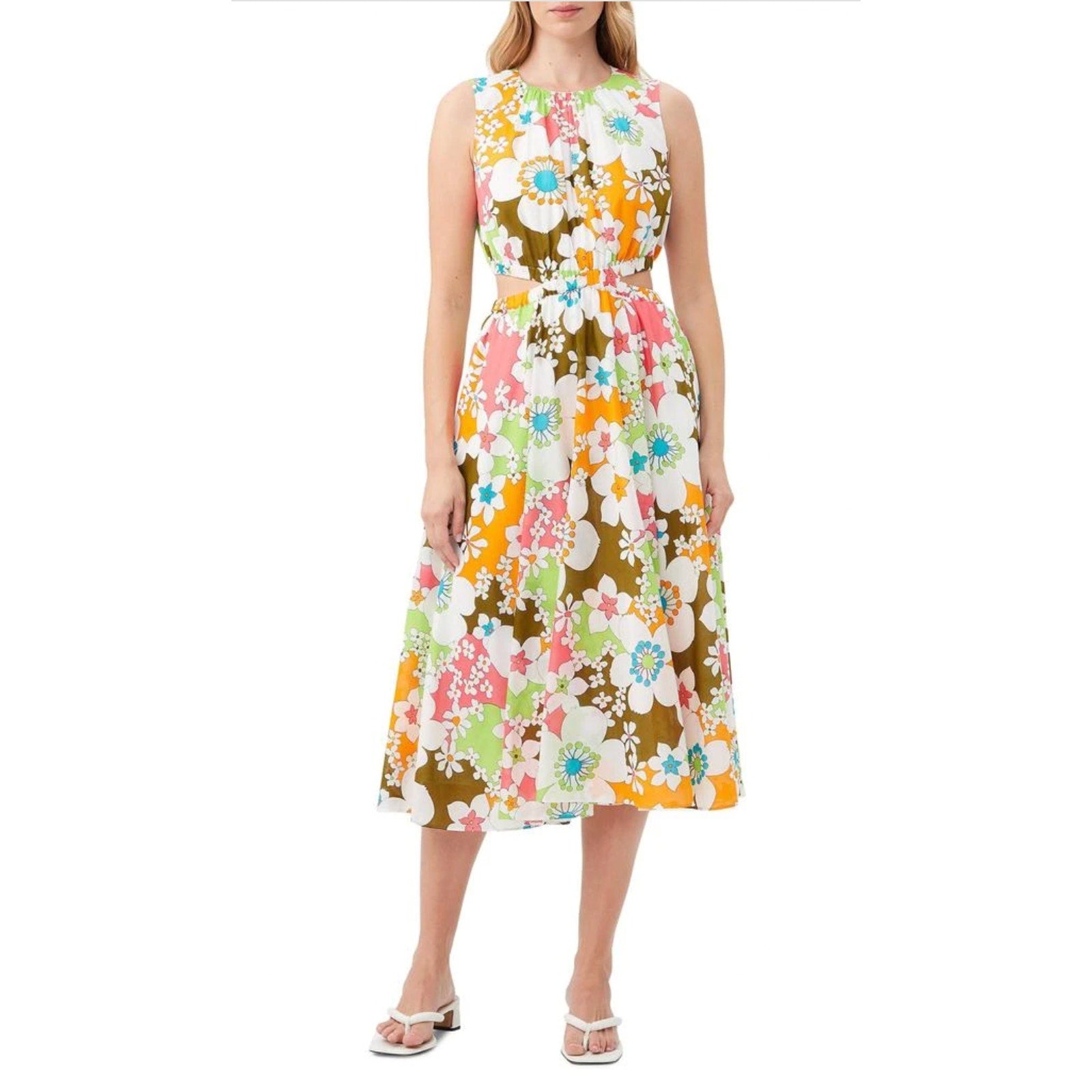 Trina Turk Womens Floral Artimo Midi Dress Medium White Multi Cut Out Casual NWT