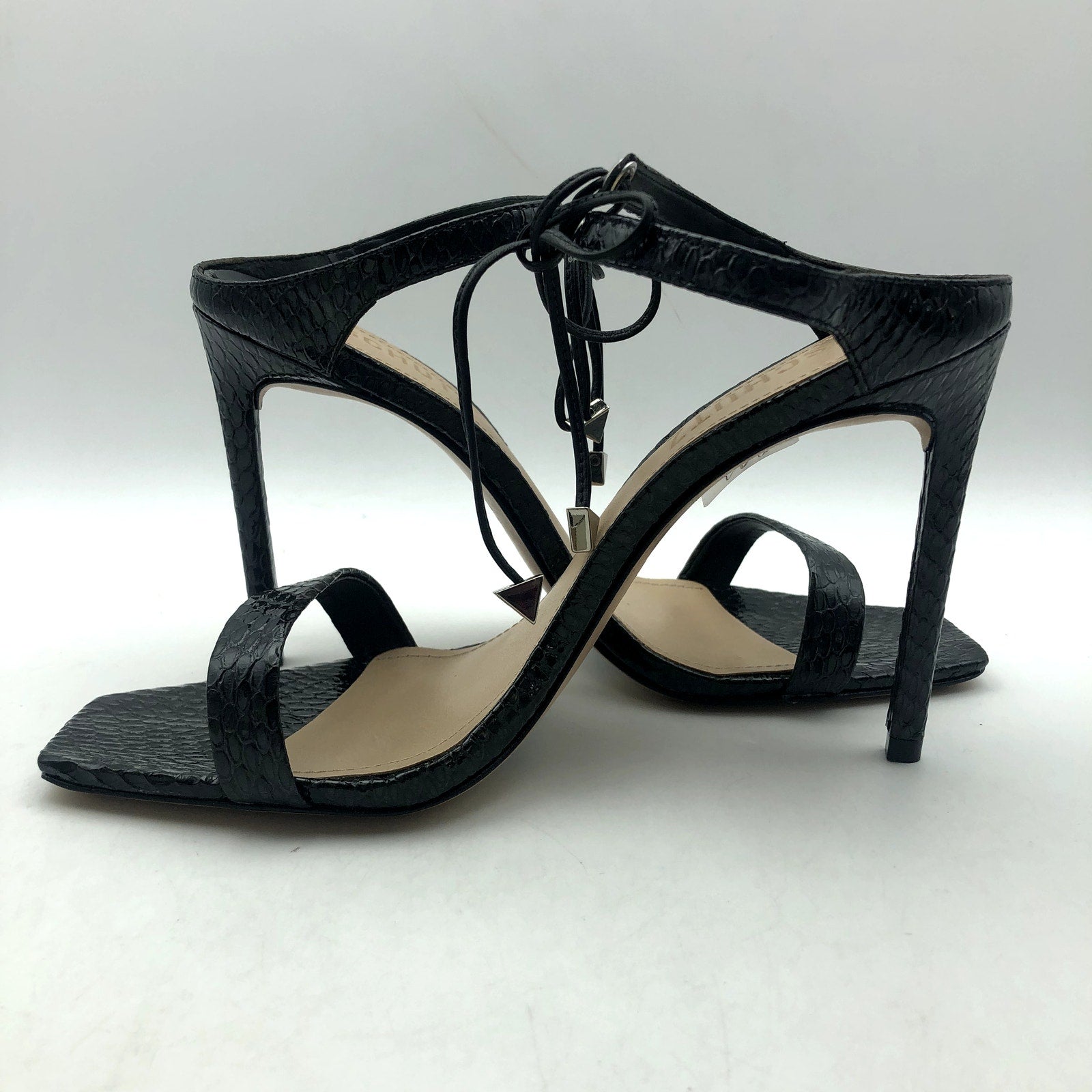 SCHUTZ Womens Mavis Heel Sandal Size 8.5 Black Snake Shine Leather NIB