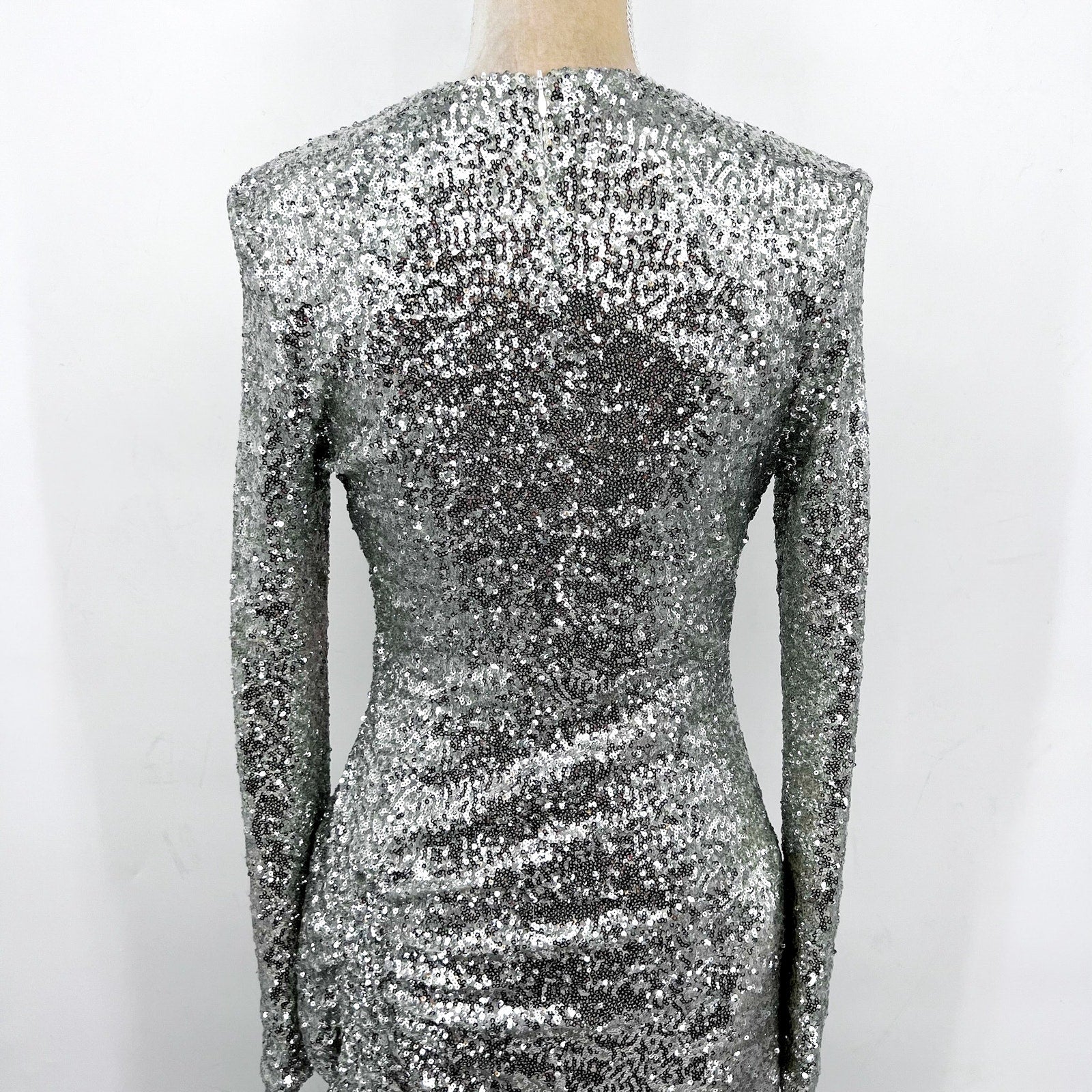 PREEN BY THORNTON BREGAZZI Welda Sequin Dress Medium Silver Long Sleeve NWOT