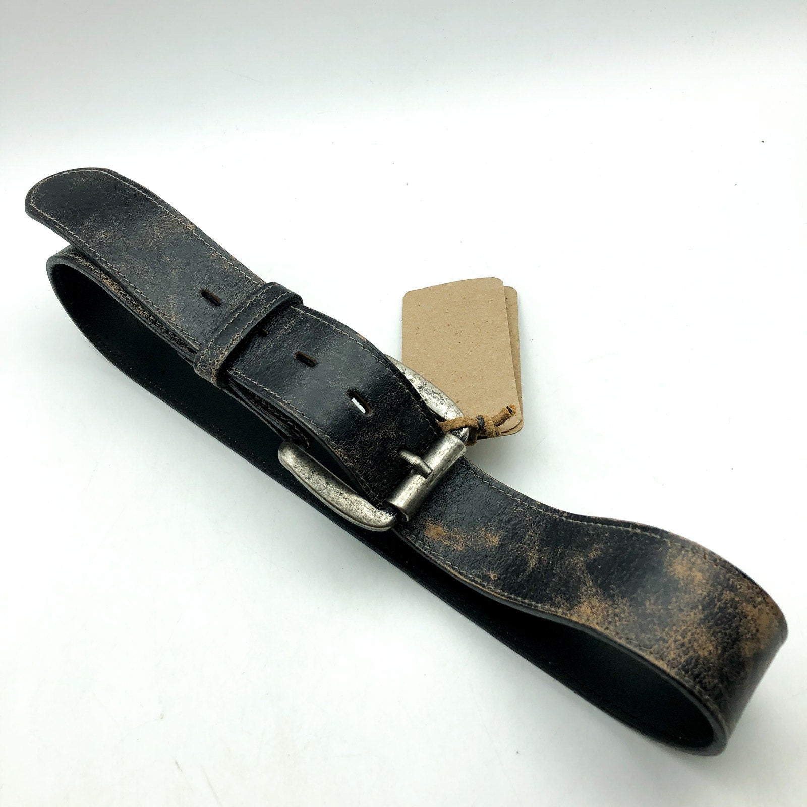 BED STU Men's Distressed Leather Meander Belt Size 28 Black Lux Metal Buckle NWT