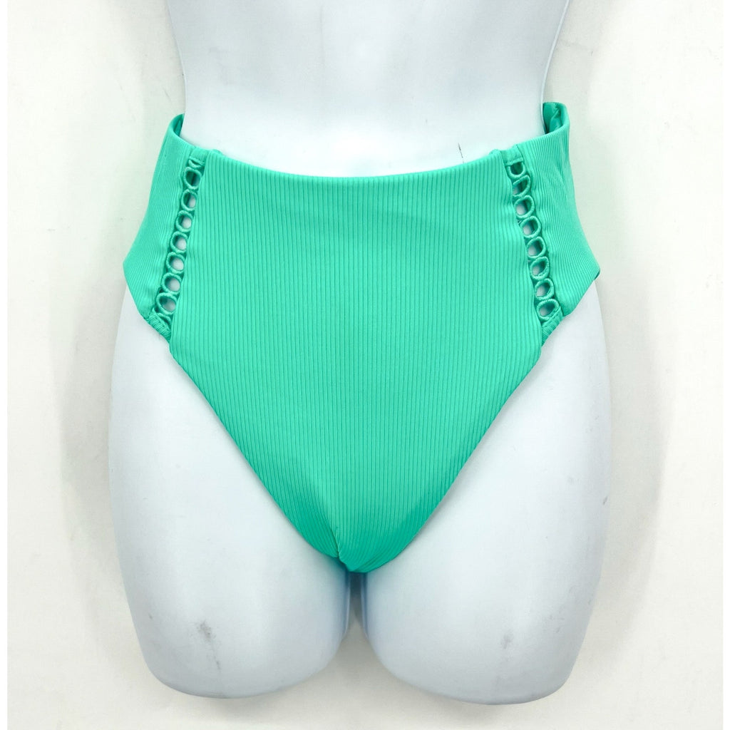 BECCA High Waist Bikini Bottoms Large Green Aqua Sea Modern Edge Cut Out NWT