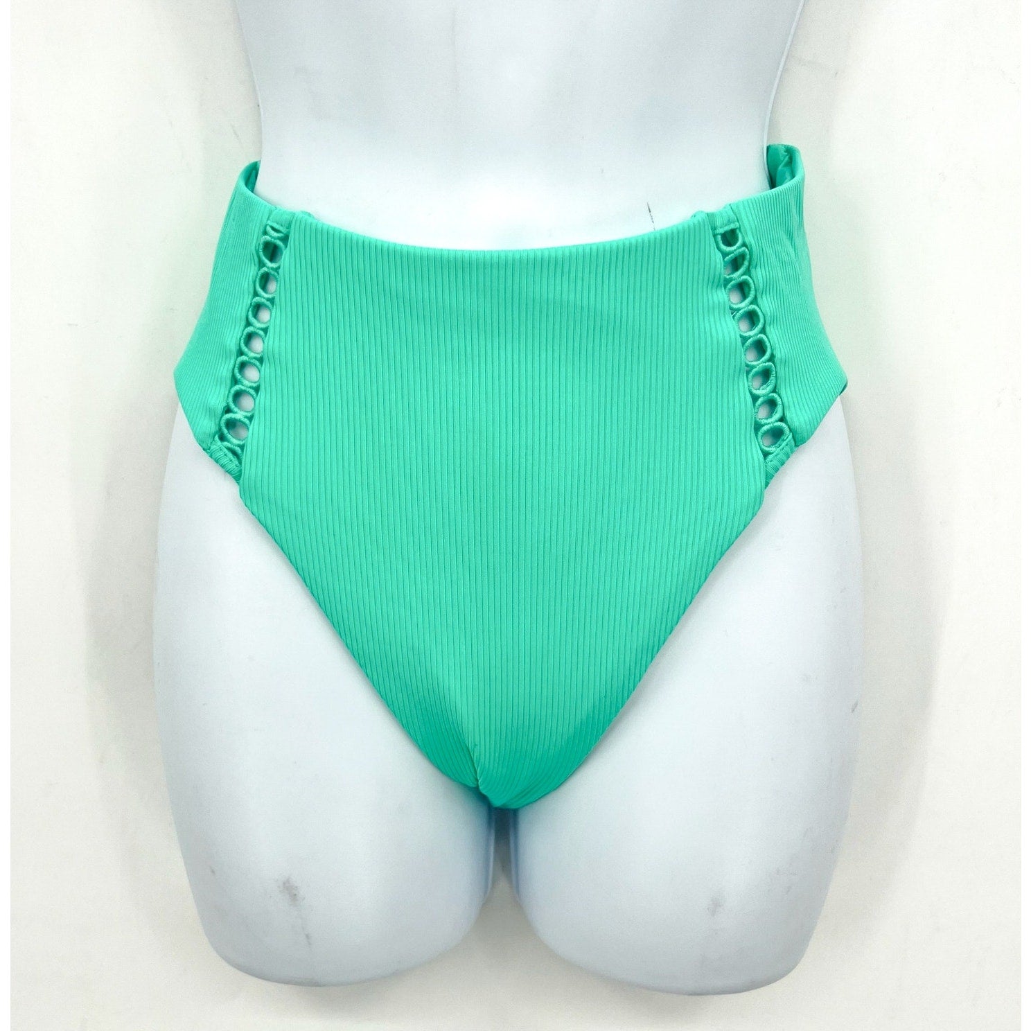 BECCA High Waist Bikini Bottoms Large Green Aqua Sea Modern Edge Cut Out NWT