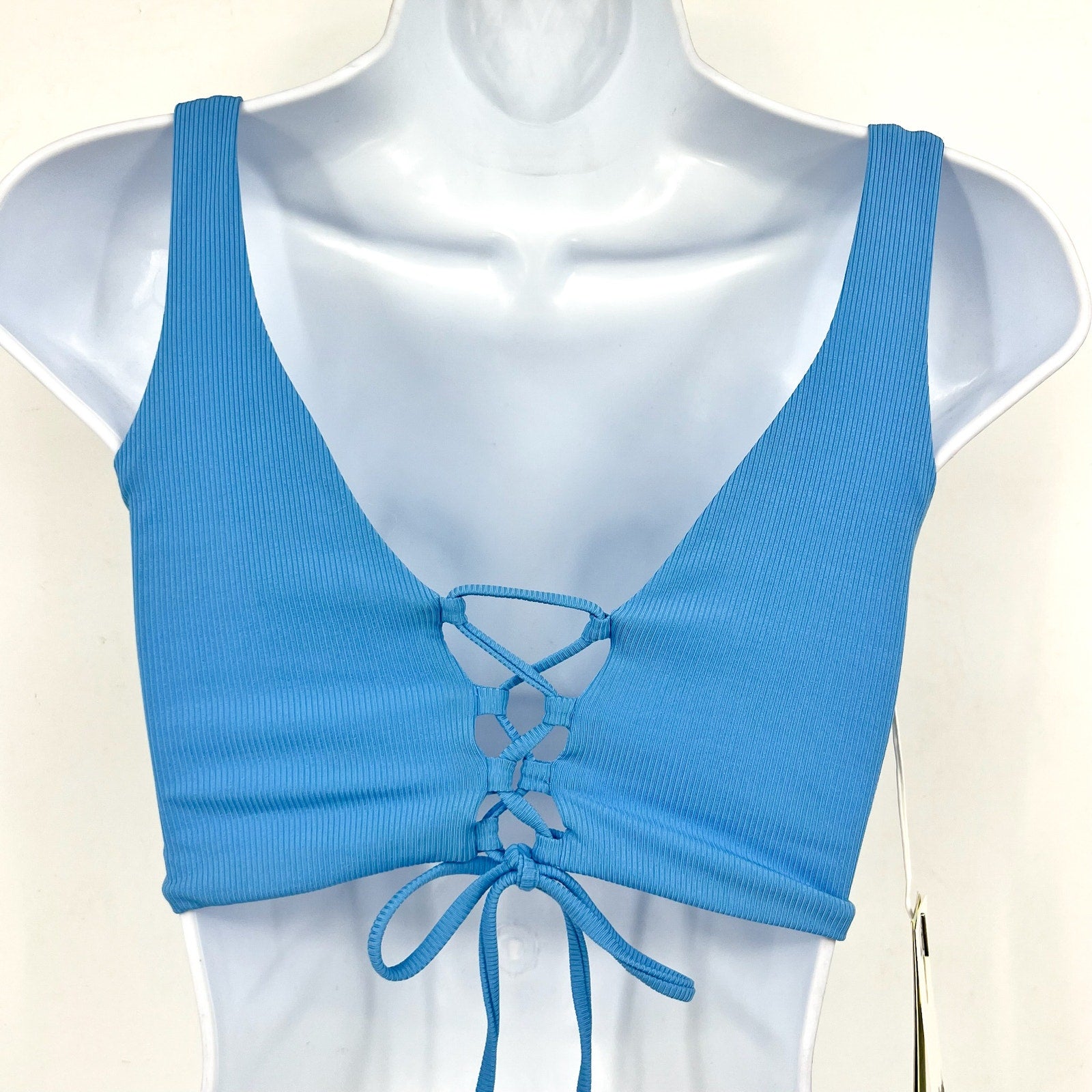 MAAJI Women's Long Line Triangle Bikini Top Medium Allure Blue Lace Up Back NWT