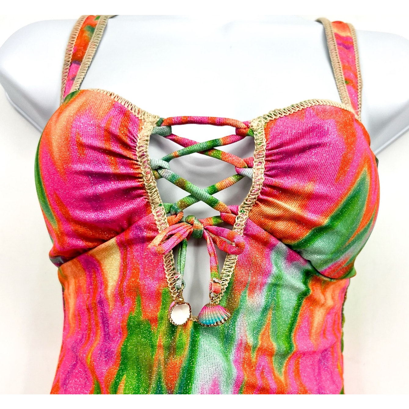 BECCA Women's Mirage Metallic One-Piece Swimsuit Medium Pink Green Lace-Up NWOT