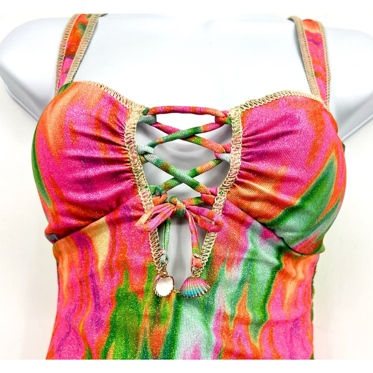 BECCA Women's Mirage Metallic One-Piece Swimsuit Medium Pink Green Lace-Up NWOT