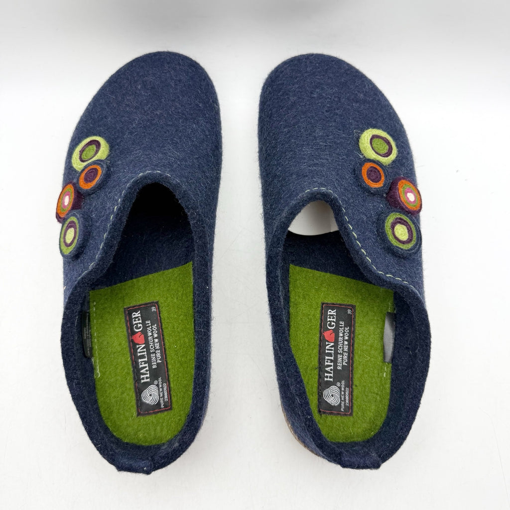 Haflinger Womens Chloe Slippers EU 39 US 8 Blue Wool Felt Appliqués NWOB