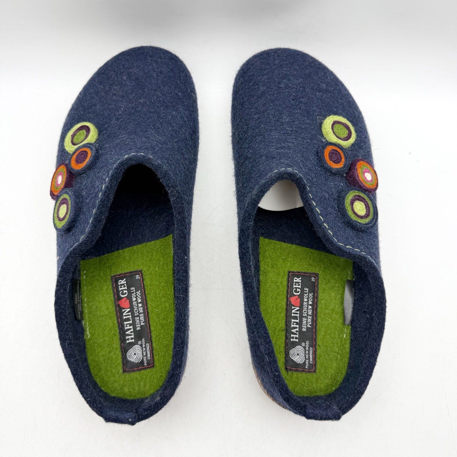Haflinger Womens Chloe Slippers EU 39 US 8 Blue Wool Felt Appliqués NWOB