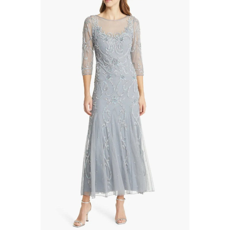 PISARRO NIGHTS Beaded Illusion Neck Gown Size 14 Sky Blue Gray 3/4 Sleeve NWT
