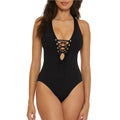 BECCA Women's Modern Edge Gia One Piece Swimsuit Medium Black Lace Up Corset NWT