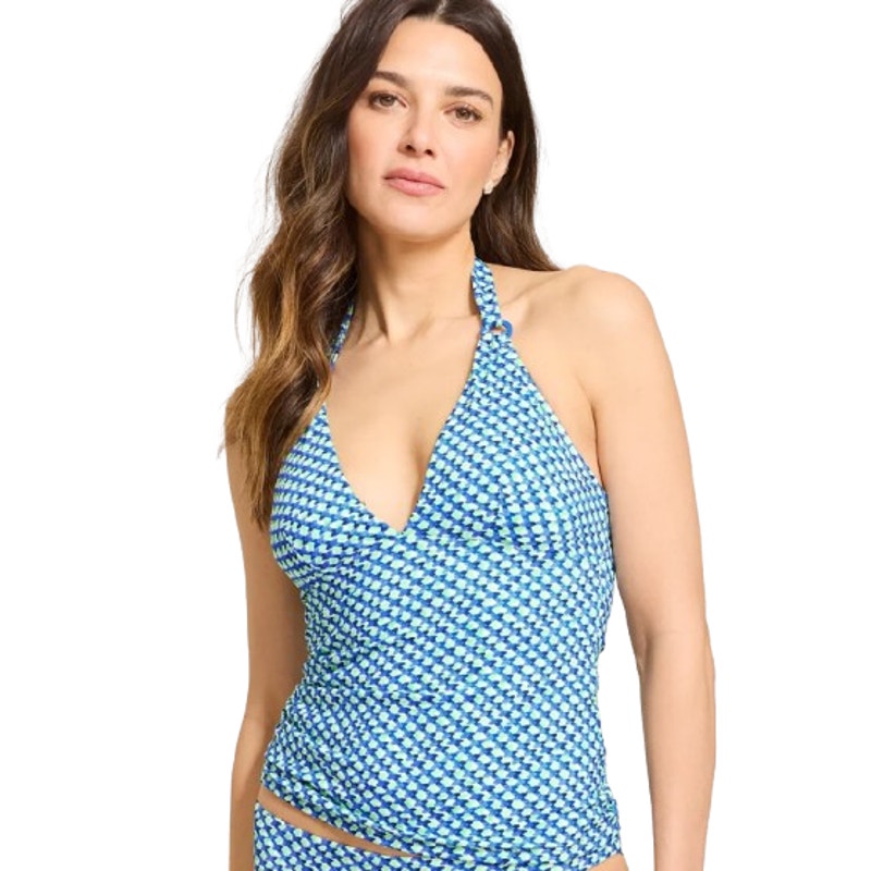 TOMMY BAHAMA Mosaic Pool Ring Tankini Top XL Beach Glass Blue Palm Modern NWT