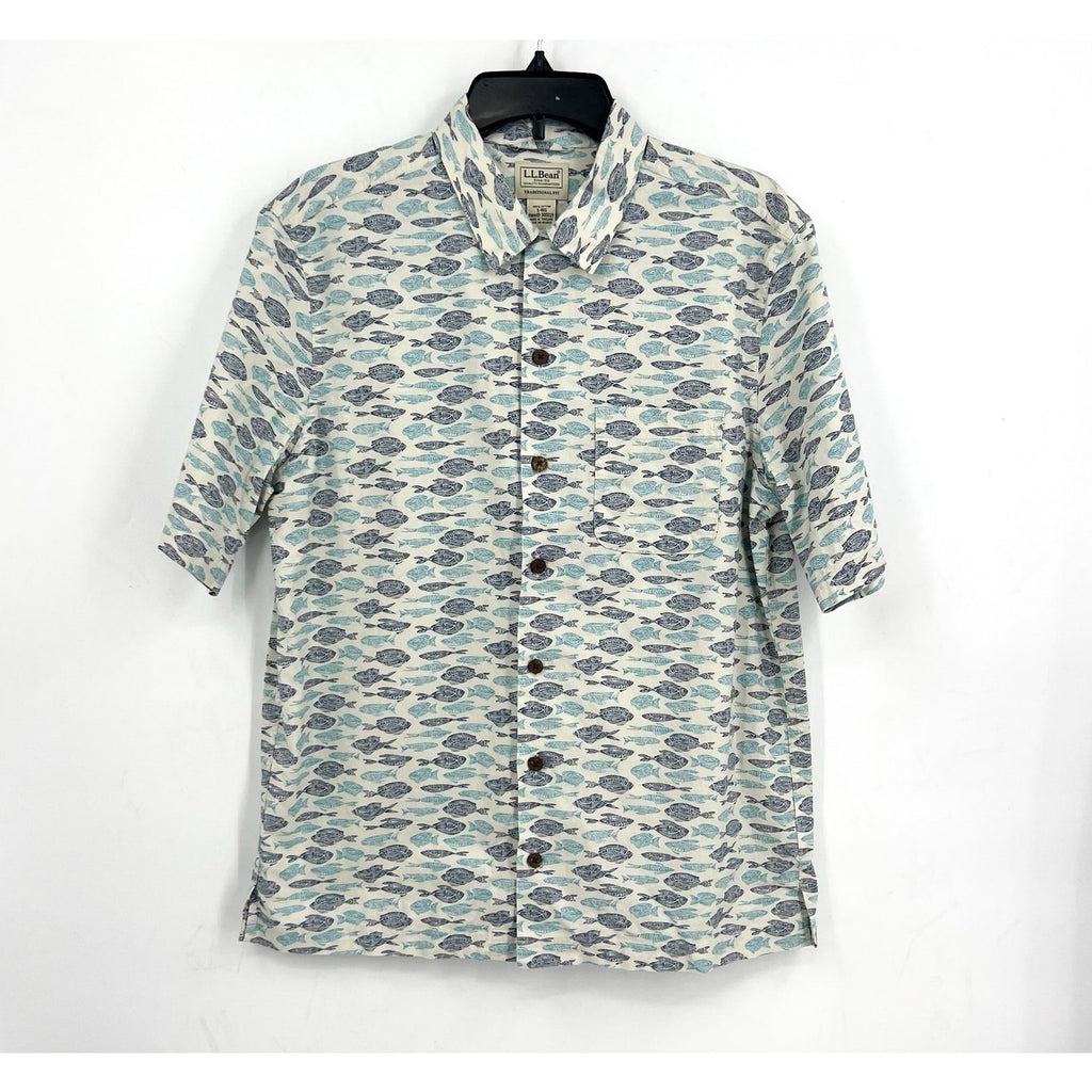 L.L. BEAN Mens Short-Sleeve Tropics Print Shirt Small White Blue Cotton NWT